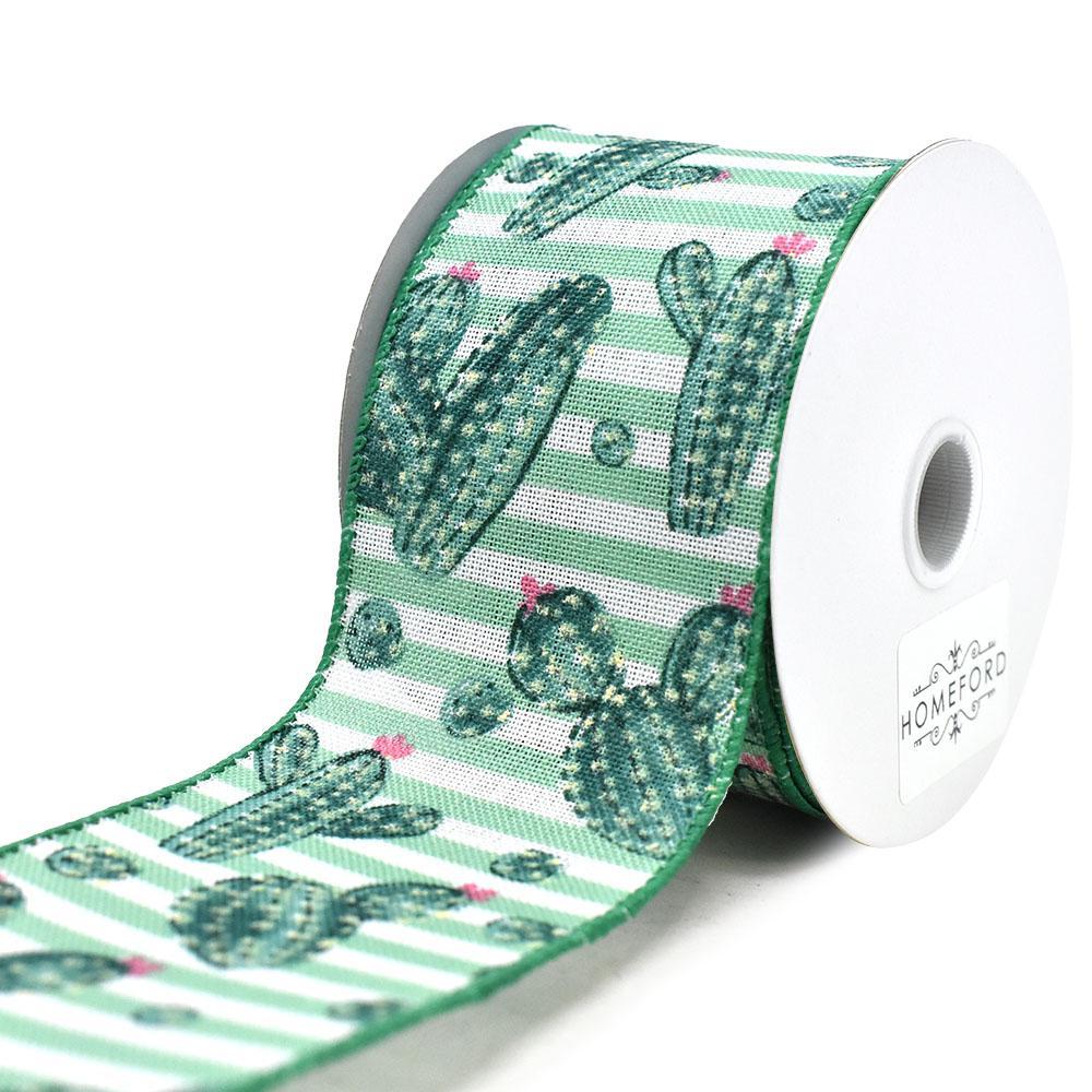 Cactus and Stripes Linen Wired Ribbon, 10-yard