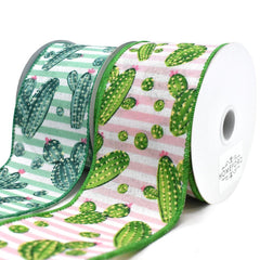 Cactus and Stripes Linen Wired Ribbon, 10-yard