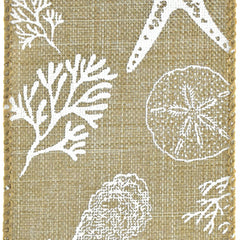 Summer Stamped Beach Icons Faux Linen Wired Ribbon, 2-1/2-inch, 10-yard