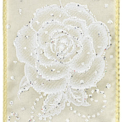 Glittered Wedding Rose Pattern Satin Wired Ribbon, 2-1/2-inch, 10-yard