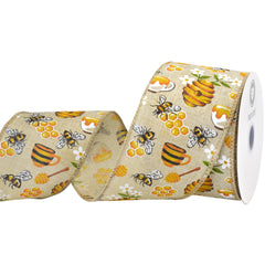 Spring Working Bees Honeycomb Flower Wired Ribbon, 10-yard