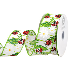 Spring Ladybugs on Leaves Wired Ribbon, 10-yard