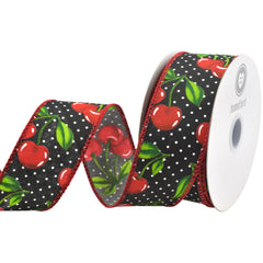 Polka Dot Cherries Wired Ribbon, 10-yard