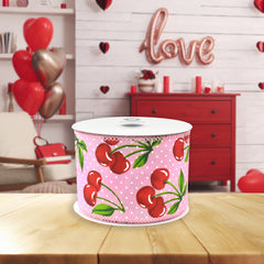 Polka Dot Cherries Wired Ribbon, 10-yard