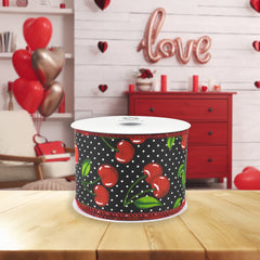 Polka Dot Cherries Wired Ribbon, 10-yard