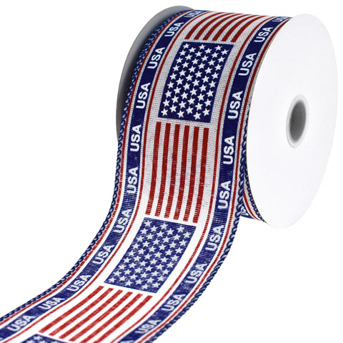 Patriotic American Flag USA Banner Wired Ribbon, 2-1/2-inch, 10-yard