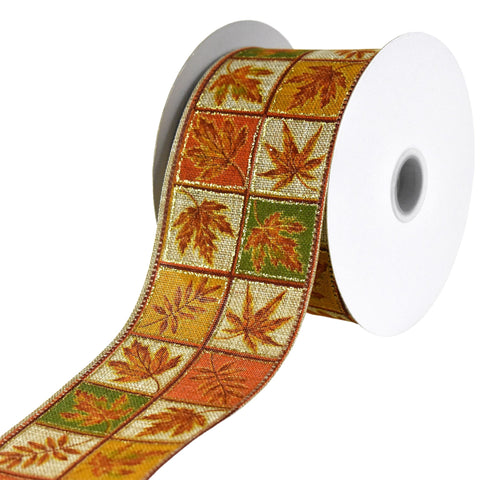 Leaves Quilt Boxes Faux Linen Wired Autumn Fall Ribbon, 2-1/2-inch, 10-yard