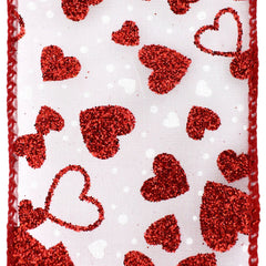 Valentine's Sheer Organza Glittered Hearts Wired Ribbon, 2-1/2-inch, 10-yard