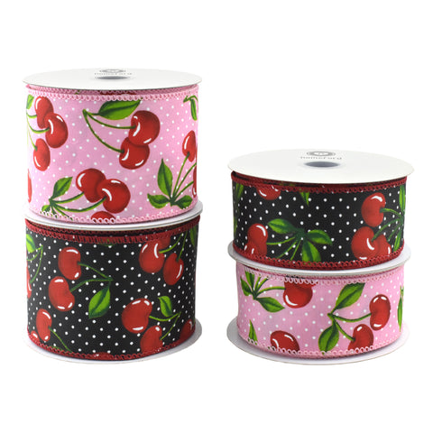 Polka Dot Cherries Wired Ribbon, 10-yard