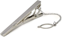 Mens Tie Bar Pinch Clip with Button Chain, 2.1-inch