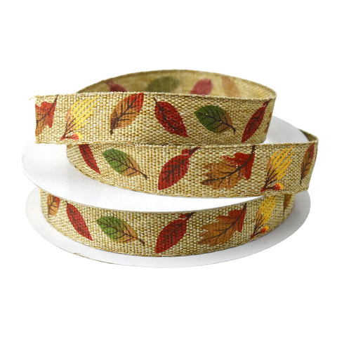 Leaves Faux Linen Autumn Fall Ribbon, 5/8-inch, 10-yard
