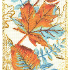 Metallic Fall Leaves Faux Linen Wired Ribbon, 2-1/2-inch, 10-yard, Natural