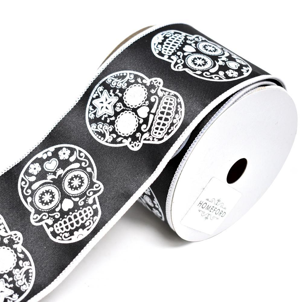 Day of the Dead Sugar Skull Wired Ribbon, Black, 2-1/2-Inch, 10-Yard