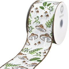 Spring Mushrooms Ferns Wried Ribbon, 2-1/2-inch, White/Brown, 10-yard