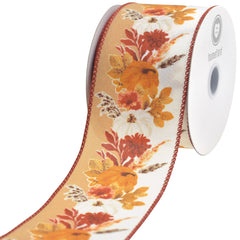 Autumn Pampas Pumpkins Satin Wired Ribbon, 10-yard