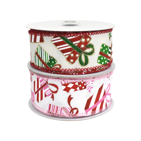 Wrapped Christmas Gifts Faux Linen Wired Ribbon, 1-1/2-inch, 10-yard