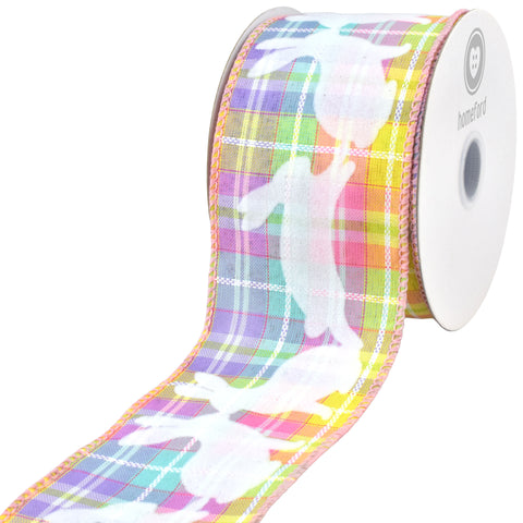 Easter Pastel Plaid Flocked Bunnies Wired Ribbon, 10-yard