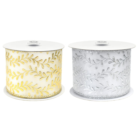 Christmas Metallic Embossed Vines Satin Wired Ribbon, 10-yard