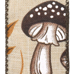 Fall Leaves Mushrooms Faux Linen Wired Ribbon, 1-1/2-inch, 10-yard