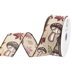 Fall Leaves Mushrooms Faux Linen Wired Ribbon, 1-1/2-inch, 10-yard