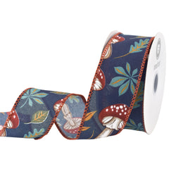 Fall Leaves Mushrooms Faux Linen Wired Ribbon, 1-1/2-inch, 10-yard