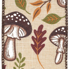 Fall Leaves Mushrooms Faux Linen Wired Ribbon, 2-1/2-inch, 10-yard