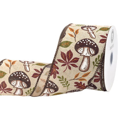 Fall Leaves Mushrooms Faux Linen Wired Ribbon, 2-1/2-inch, 10-yard