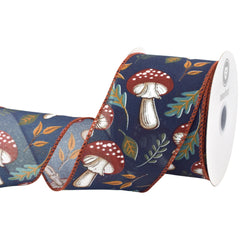 Fall Leaves Mushrooms Faux Linen Wired Ribbon, 2-1/2-inch, 10-yard
