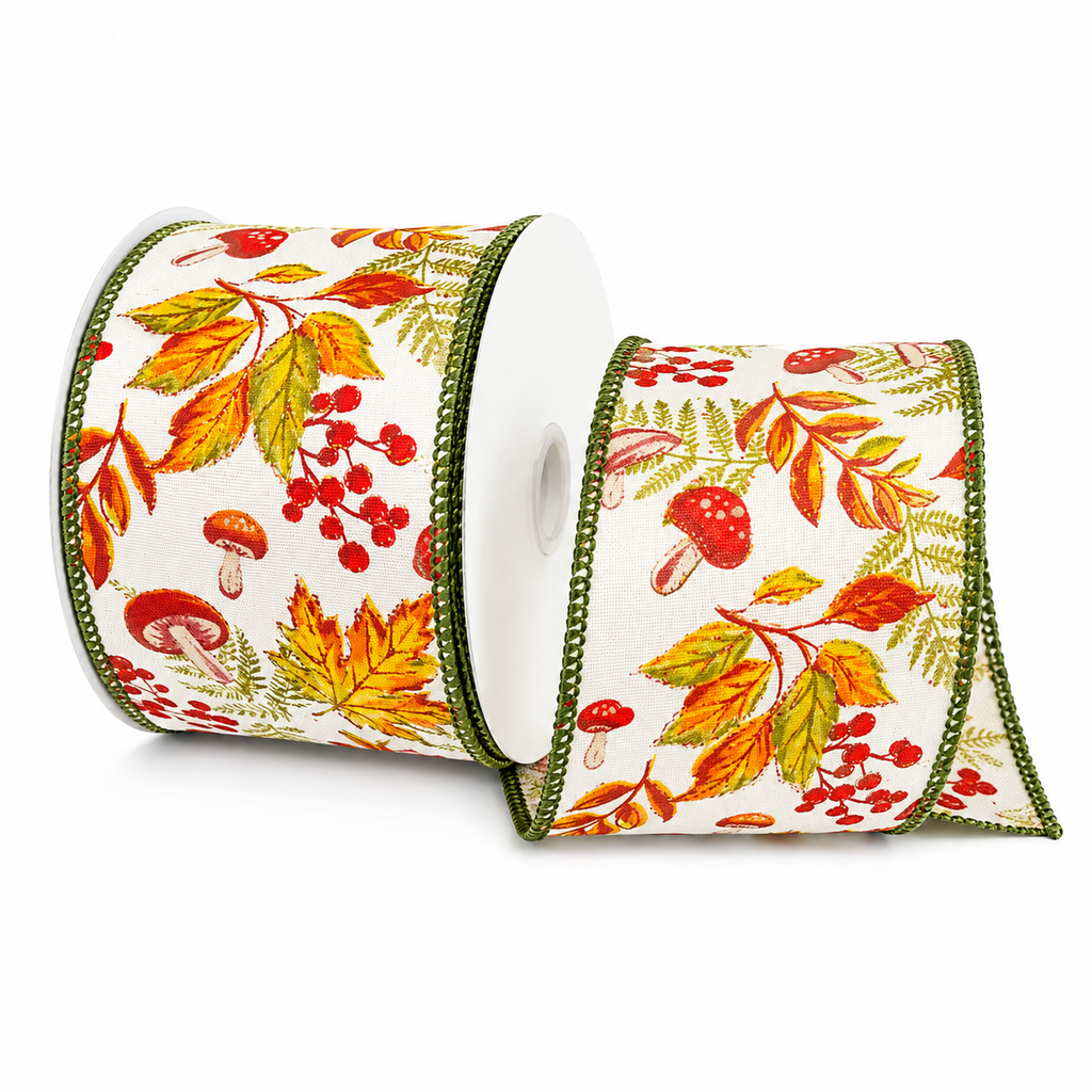 Autumn Woodland Leaves & Mushrooms Wired Ribbon, 2-1/2-inch, 10-yard