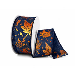 Metallic Embossed Autumn Leaves Linen Wired Ribbon, 10-yard