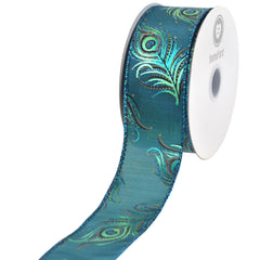 Metallic Peacock Feather Pattern Wired Ribbon, 1-1/2-inch, 10-yard