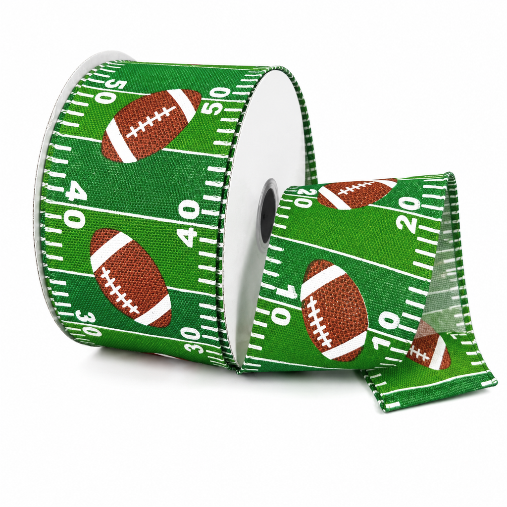 Football Field & Big Footballs Wired Ribbon, 2-1/2-inch, 10-yard