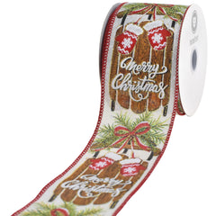 Merry Christmas Mittens Sled Faux Linen Wired Ribbon, 2-1/2-inch, 10-yard