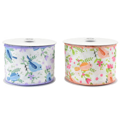 Spring Birds Flower Stems Satin Wired Ribbon, 2-1/2-inch