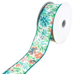 Watercolor Flowers Faux Linen Wired Ribbon, 10-yard