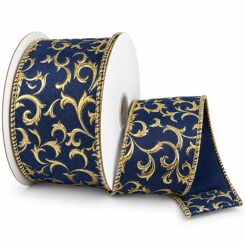 Christmas Gold Embossed Swirl Linen Wired Ribbon, 2-1/2-inch, 10-yard
