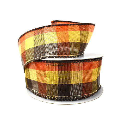 Square Plaid Wired Autumn Fall Ribbon, Orange/Brown/Yellow/Cream, 1-1/2-Inch, 10-Yard