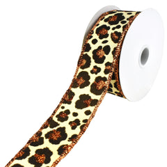 Flocked Cheetah Print Satin Wired Ribbon, 10-yard
