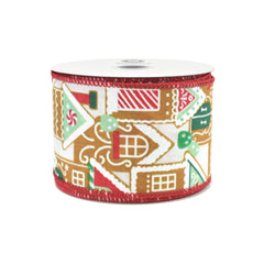Christmas Iridescent Gingerbread Village Wired Ribbon, 10-yard