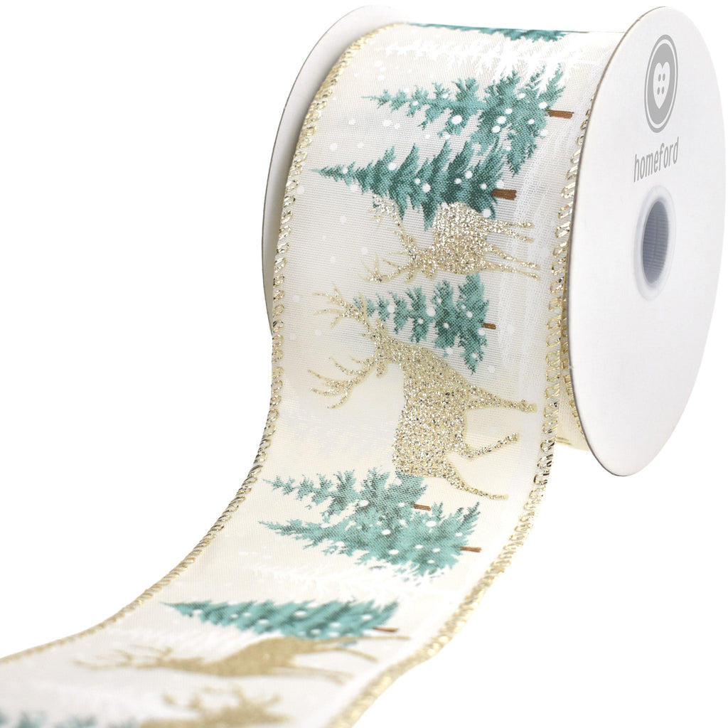 Christmas Snowy Trees Reindeer Satin Wired Ribbon, 10-yard
