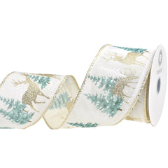 Christmas Snowy Trees Reindeer Satin Wired Ribbon, 10-yard