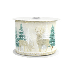 Christmas Snowy Trees Reindeer Satin Wired Ribbon, 10-yard
