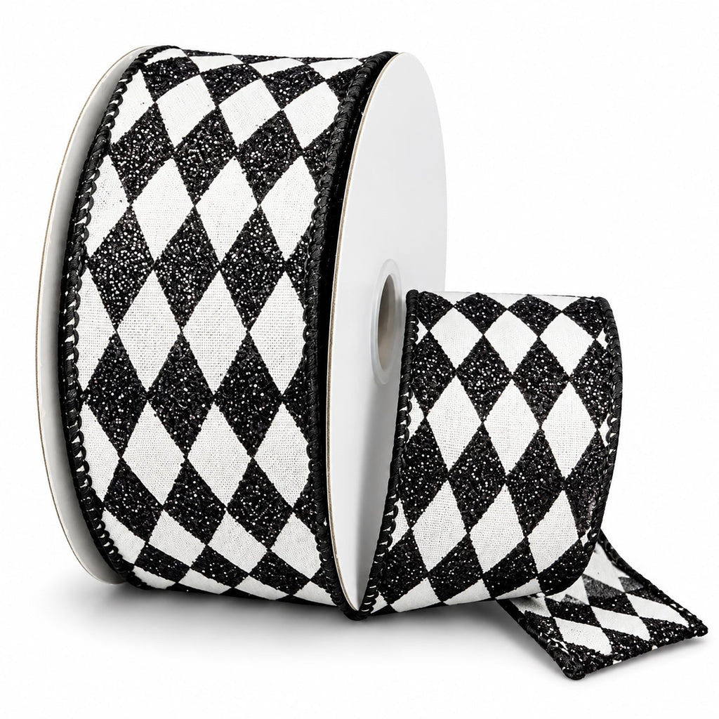 Black Glitter Harlequin Satin Wired Ribbon, 10-yard