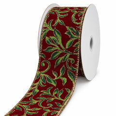 Glitter Vine Swirl Christmas Velvet Wired Ribbon, 10-yard