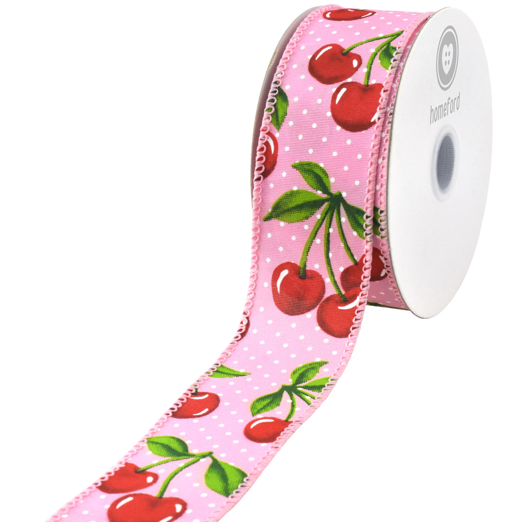 Polka Dot Cherries Wired Ribbon, 10-yard