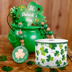 St. Patrick's Glittered Shamrocks Wired Ribbon, 10-yard