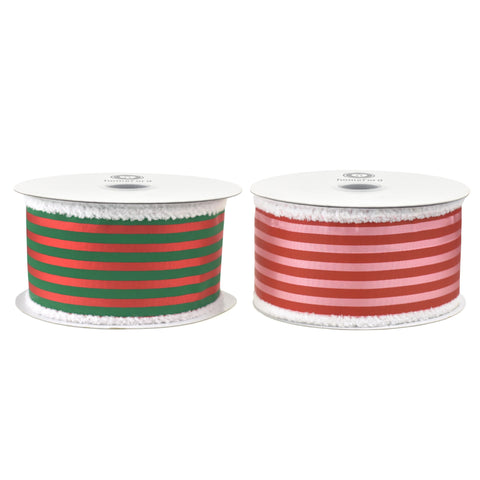 Christmas Vertical Stripes Fuzzy Edge Wired Ribbon, 10-yard