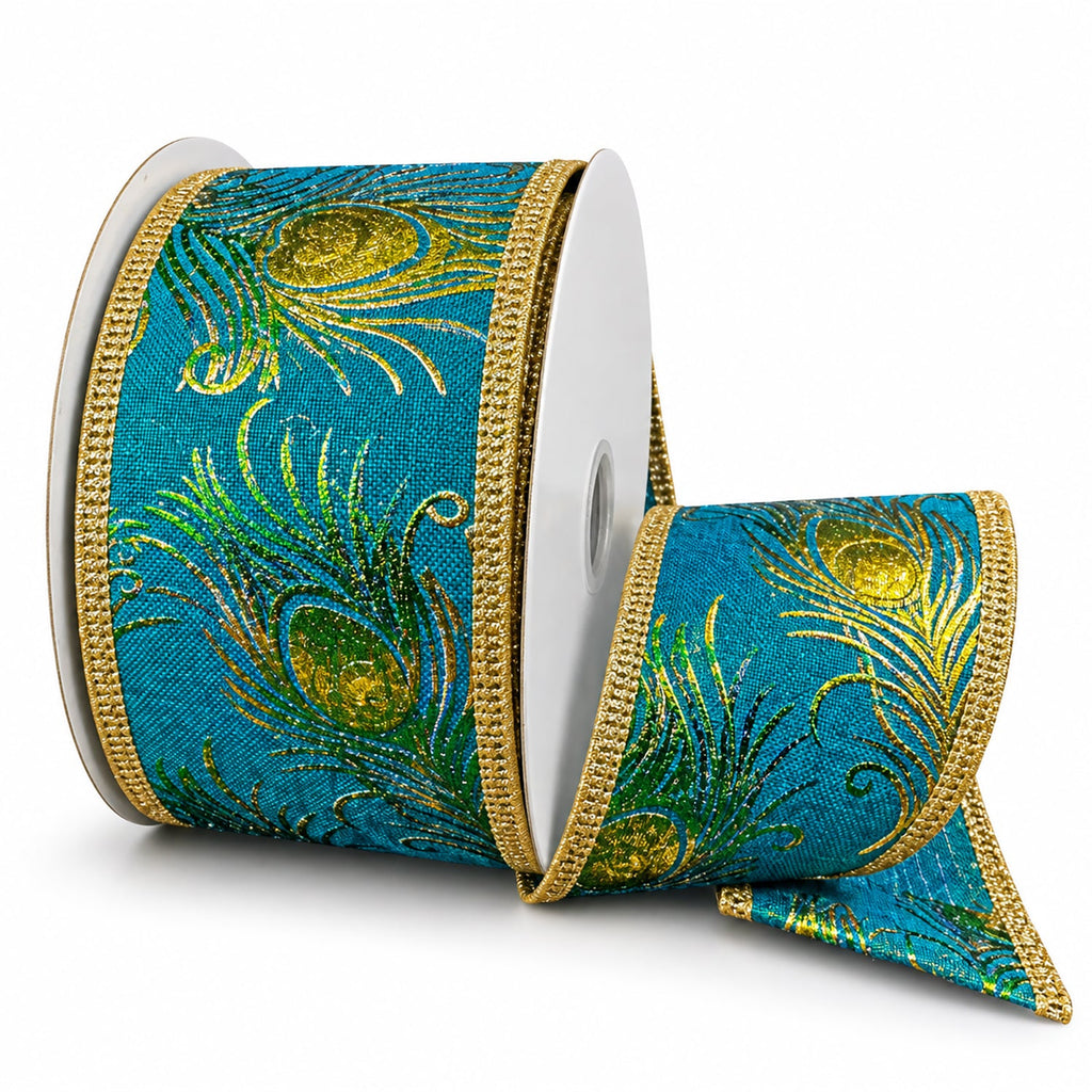 Christmas Embossed Peacock Feather Wired Ribbon, 2-1/2-inch, 10-yard