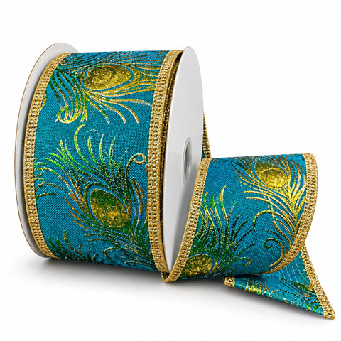 Christmas Embossed Peacock Feather Wired Ribbon, 2-1/2-inch, 10-yard