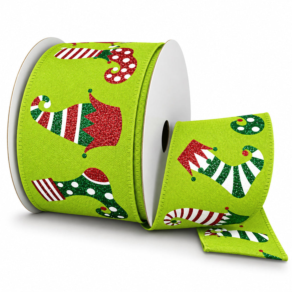 Glitter Elf Hats & Socks Christmas Wired Ribbon, 2-1/2-inch, 10-yard